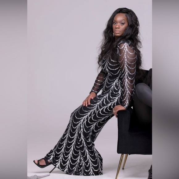 New Sheer black evening gown w/ silver sequins Worn for 10 min engagement shoot - Picture 4 of 4